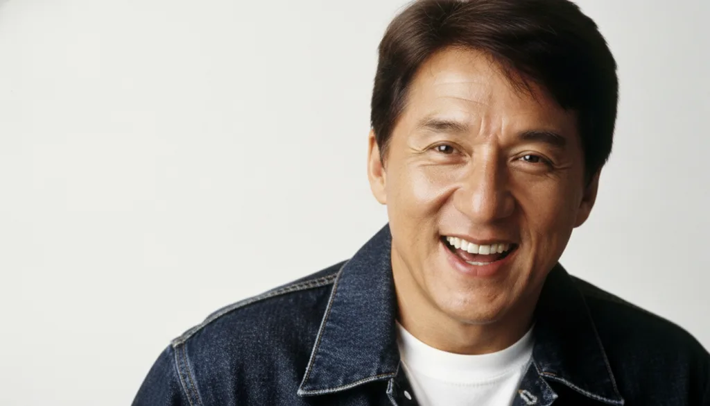 A close-up portrait of a smiling Jackie Chan as if from a quiz image