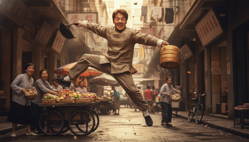 Jackie Chan performing a comedic martial arts move with a prop possibly from Drunken Master or Project A