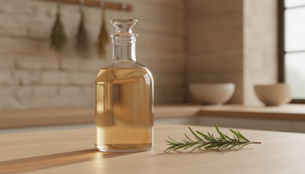 A clear glass bottle filled with a light amber liquid representing the finished onion hair rinse A small sprig of rosema