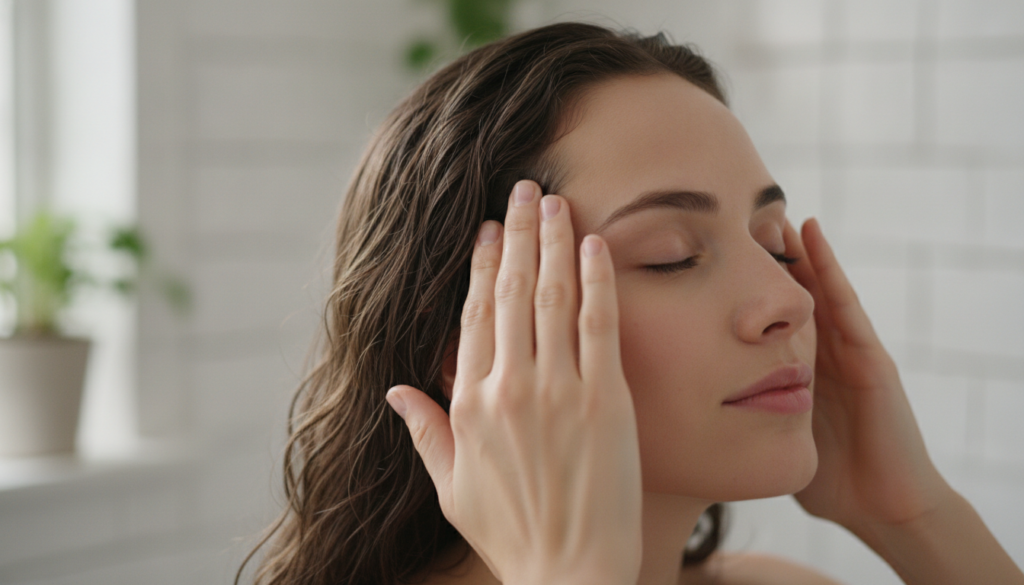 A woman gently massaging her scalp with her fingertips her hair is slightly damp The focus is on healthy hair and scalp 