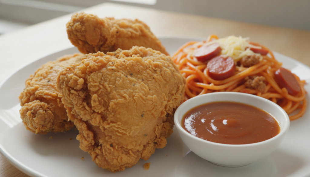 Golden brown crispy Jollibee-style fried chicken pieces with a side of sweet spaghetti and gravy arranged brightly on a 