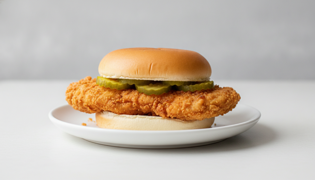 A perfectly breaded and fried Chick-fil-A-style chicken sandwich fillet on a white bun with pickles and a drizzle of sau