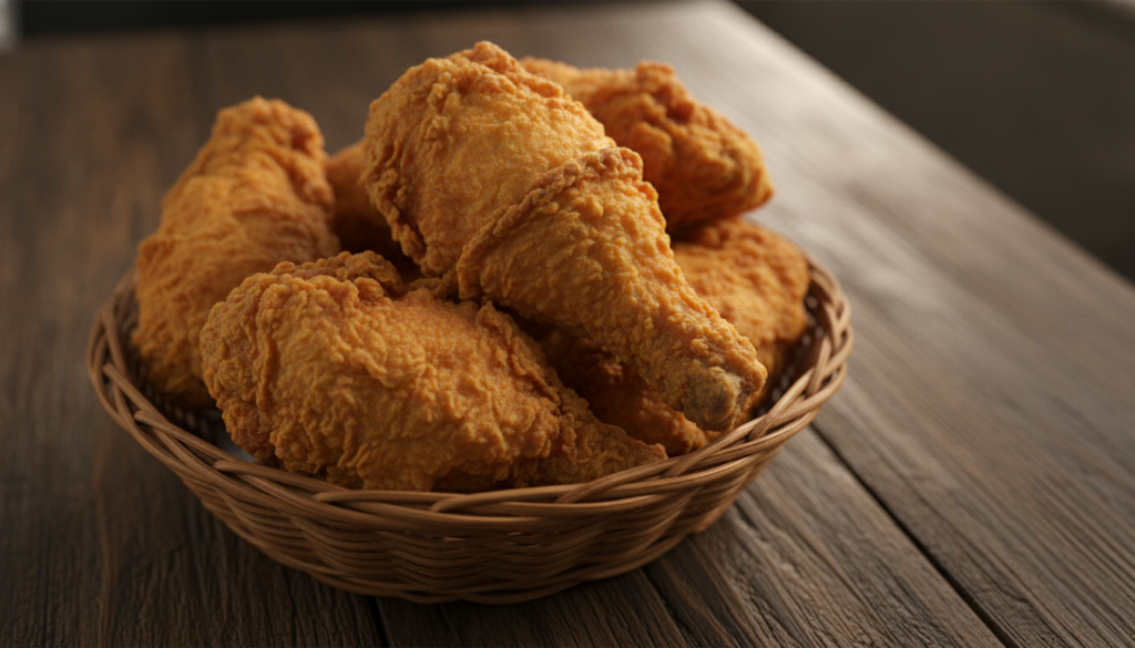Crispy craggy Popeyes-style fried chicken pieces with a visible buttermilk crust served in a basket with a side of hot s