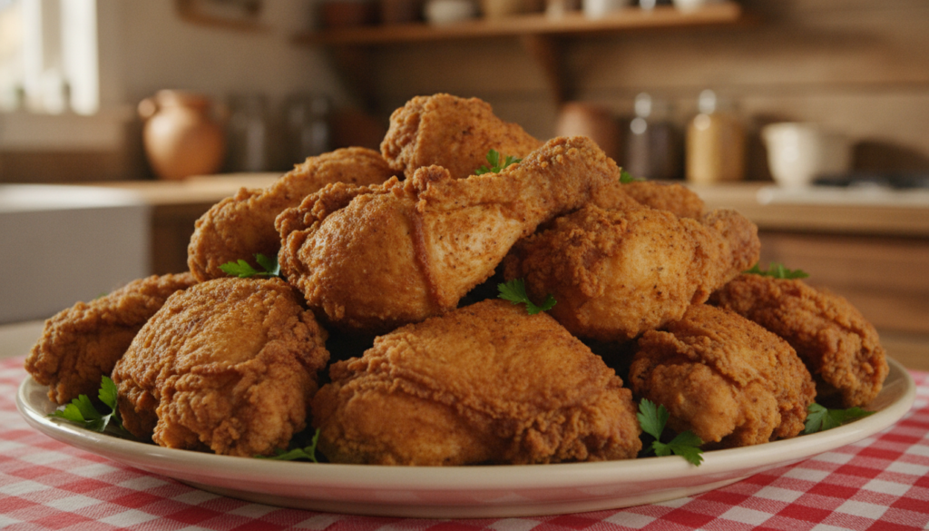 A platter of golden brown perfectly crispy Southern buttermilk fried chicken pieces garnished with fresh parsley on a ch