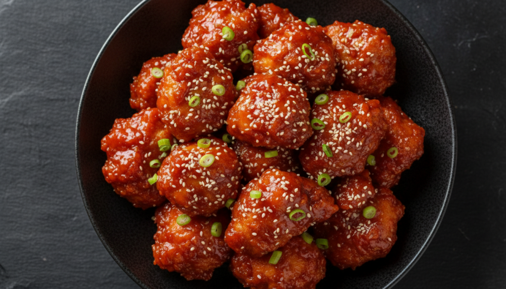 Double-fried Korean fried chicken pieces coated in a glossy vibrant red gochujang sauce topped with sesame seeds and gre