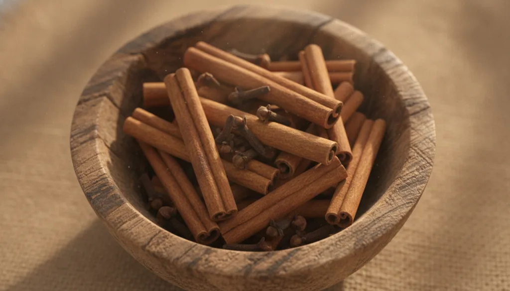 Cinnamon sticks and whole cloves on a small wooden bowl emphasizing their natural forms