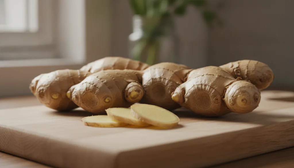Close-up of fresh ginger root with some slices highlighting its fibrous texture and warm color