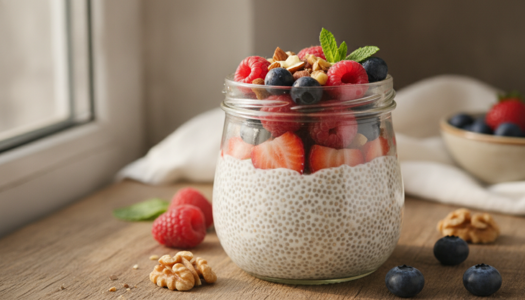 A close-up of a glass jar filled with creamy chia pudding topped with fresh berries and a sprinkle of nuts ready for a h