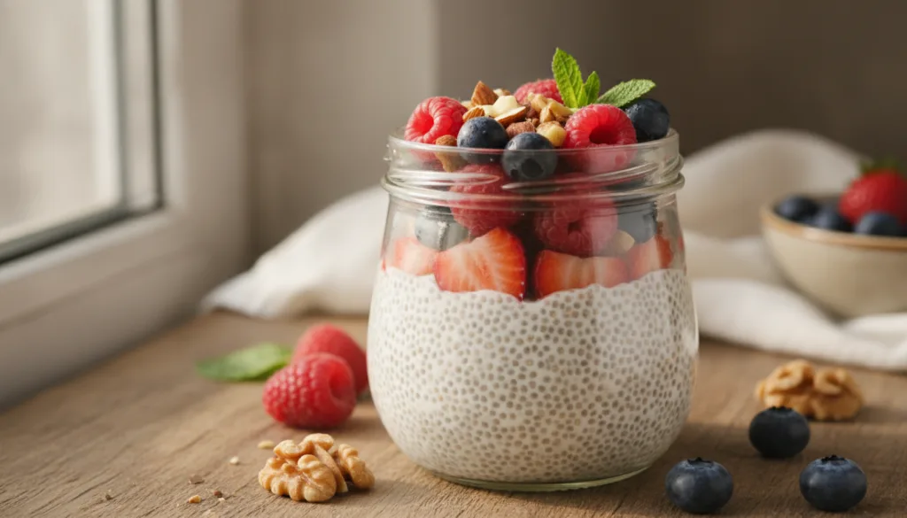 A close-up of a glass jar filled with creamy chia pudding topped with fresh berries and a sprinkle of nuts ready for a h