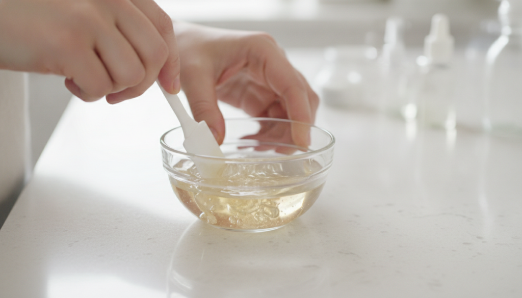 Hands mixing melted petroleum jelly and baby oil in a small glass bowl with a tiny spatula the mixture appearing smooth