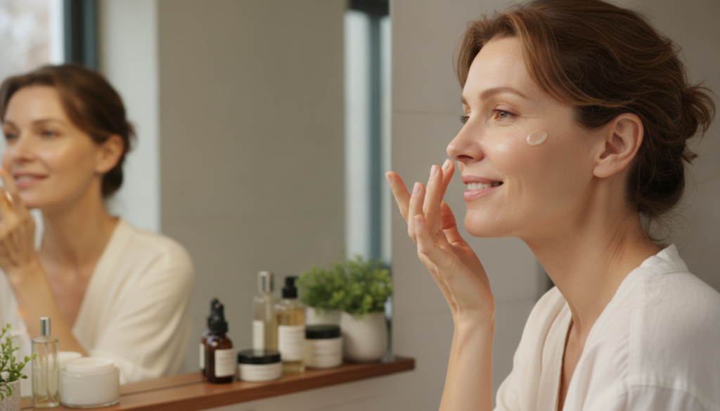 A woman gently applying a small amount of a creamy balm to her cheek looking into a mirror Her skin appears hydrated and