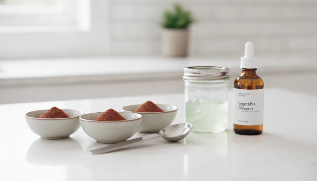 Ingredients for clove gel laid out on a clean counter small bowls of clove powder aloe vera gel glycerin and a measuring