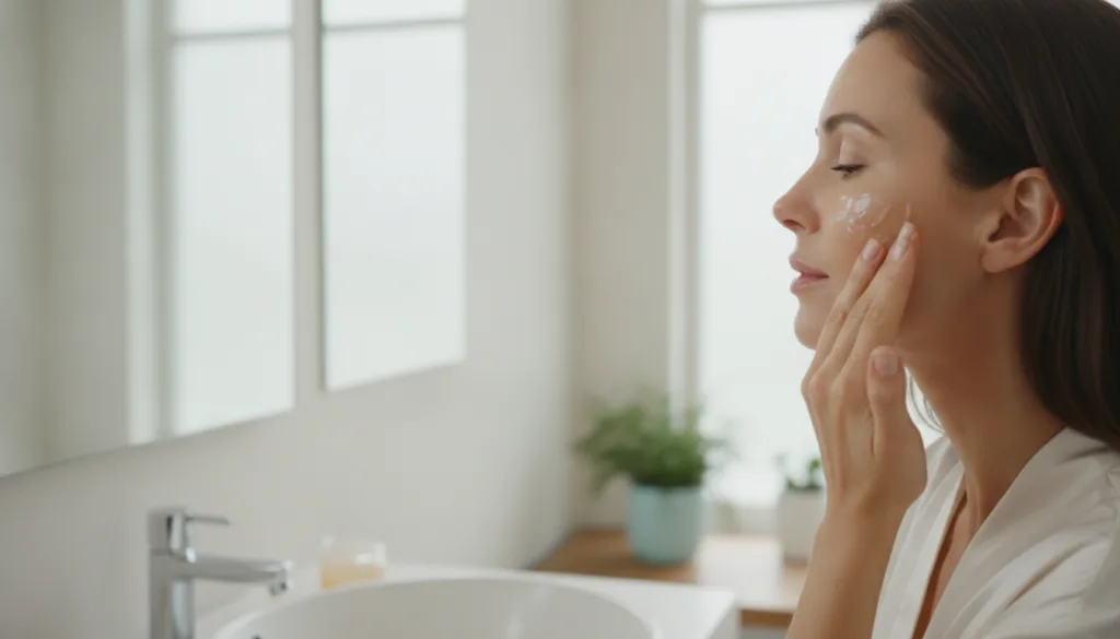 A woman gently applying a thin layer of clove gel to her cheek demonstrating the application process Her skin looks clea