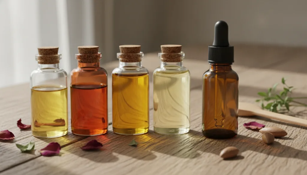 Various small glass bottles of natural oils jojoba rosehip argan vitamin E arranged on a wooden table next to a small em