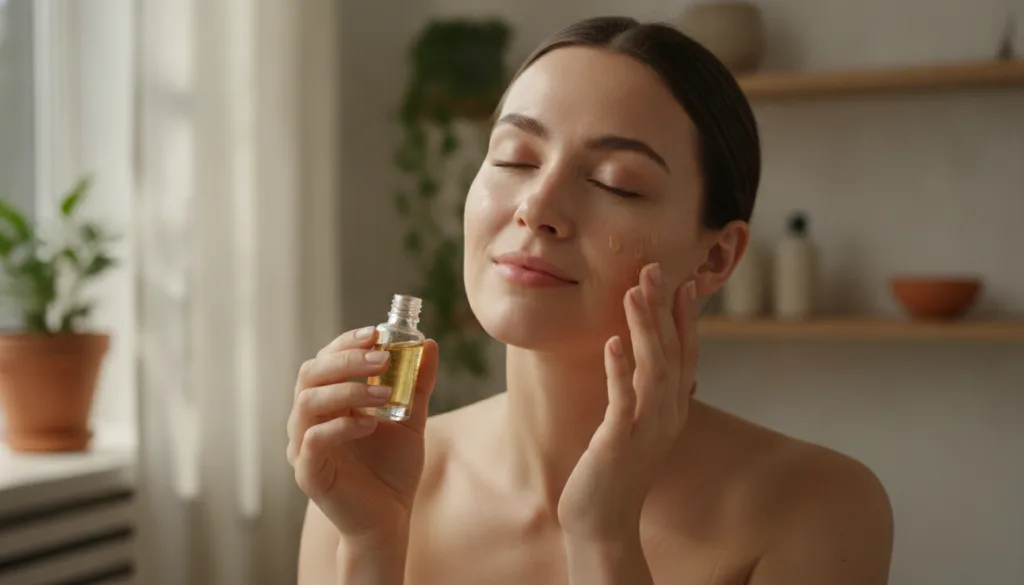 A woman gently massaging a few drops of face oil into her clean skin with a serene expression Her hands are on her cheek