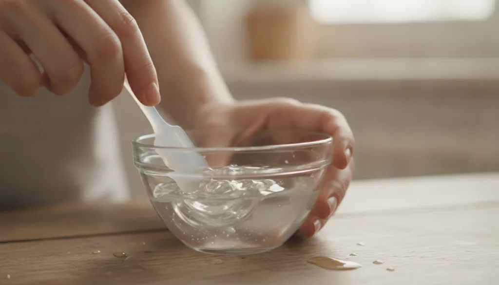 Hands mixing melted petroleum jelly and baby oil in a small glass bowl with a tiny spatula The mixture is glossy and smo