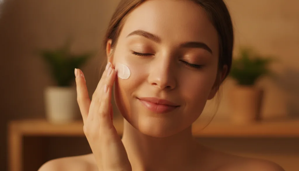 A woman gently massaging a small amount of the homemade cream onto her cheek with a soft radiant glow on her skin Her ey