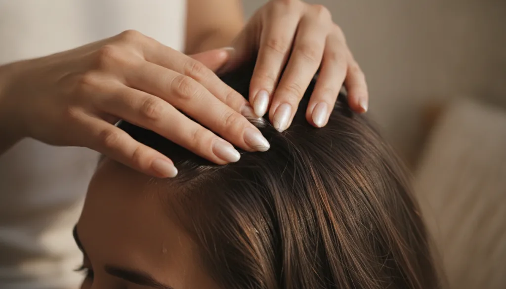 A person gently massaging DIY aloe vera hair oil into their scalp with fingertips