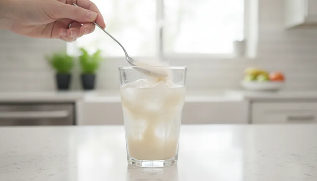 A hand stirring the beauty powder into a glass of water or a smoothie