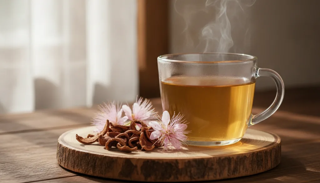 A steaming cup of Albizia tea light amber in color with a few dried Albizia bark pieces and flowers artfully placed besi