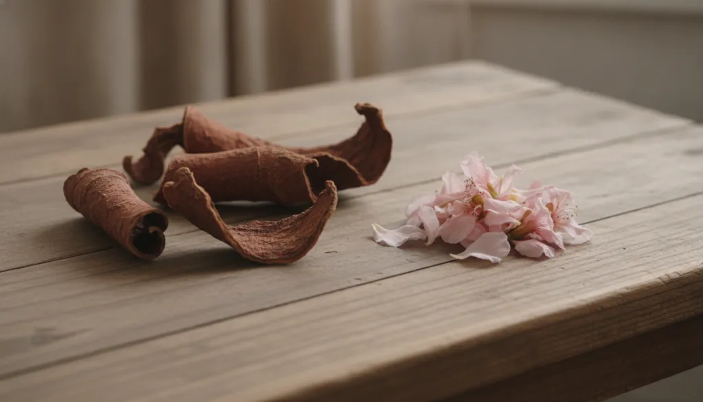 Dried Albizia julibrissin bark pieces and delicate dried pink flowers laid out on a clean wooden surface ready for tea p