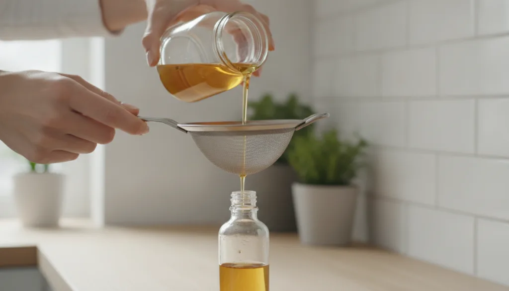A woman carefully straining the infused oil mixture through a fine-mesh sieve into a small glass dropper bottle in a bri