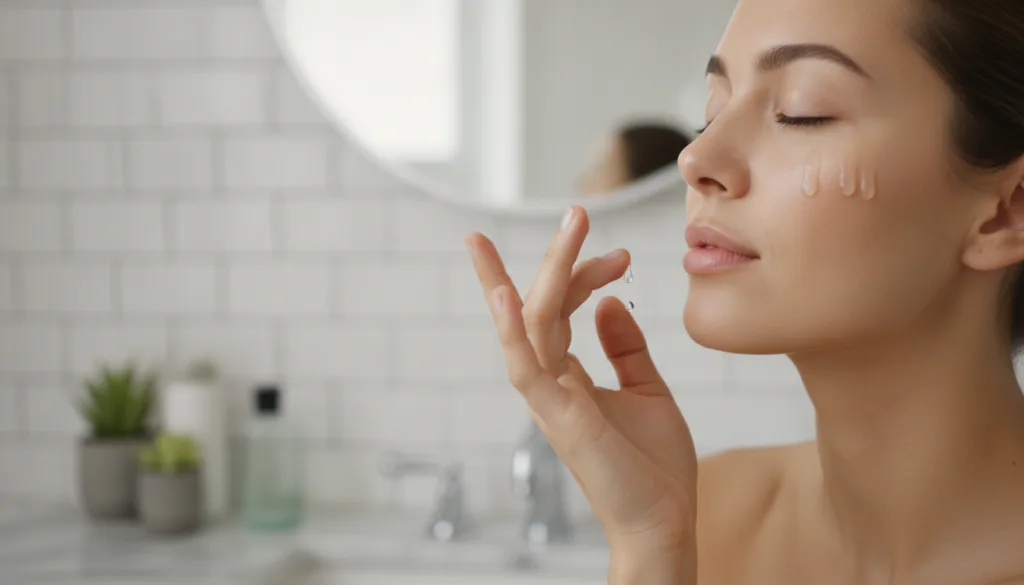 A woman gently applying a few drops of serum to her face massaging it in with a soft natural expression in a well-lit ba