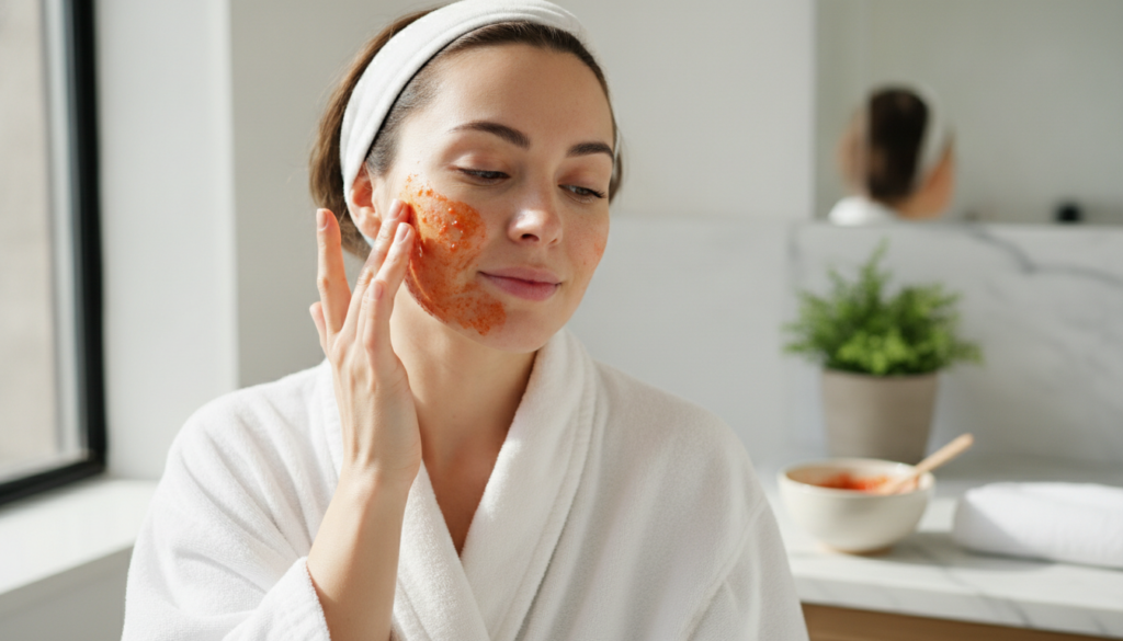 A woman gently massaging the homemade tomato face scrub onto her cheek in a well-lit bathroom with a soft natural expres