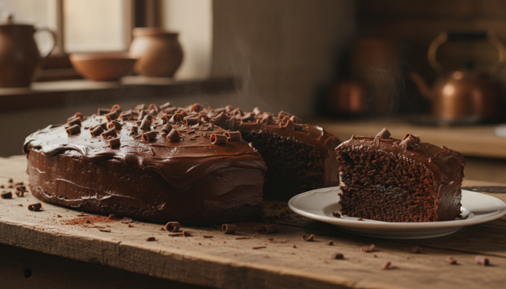 A decadent chocolate sheet cake with smooth dark chocolate fudge frosting garnished with chocolate shavings on a rustic 