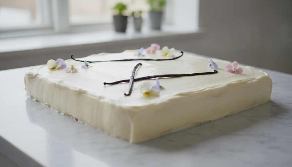 A pristine vanilla bean sheet cake topped with smooth white vanilla buttercream garnished with a few fresh vanilla beans