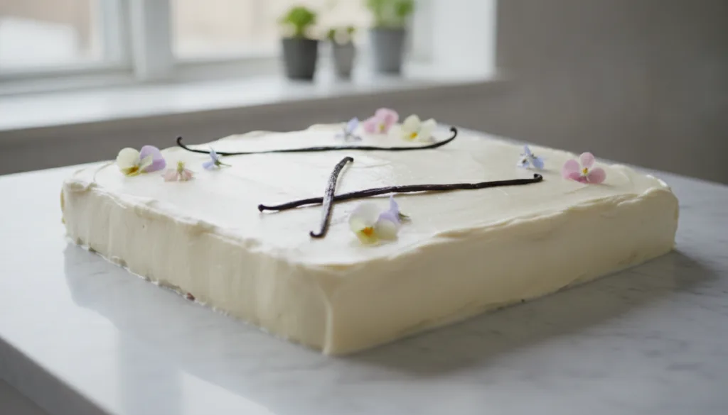 A pristine vanilla bean sheet cake topped with smooth white vanilla buttercream garnished with a few fresh vanilla beans