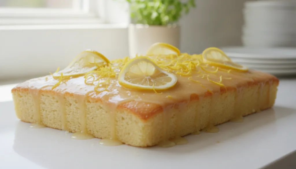 A light and airy lemon sheet cake with a glistening lemon glaze garnished with fresh lemon zest and thin lemon slices on