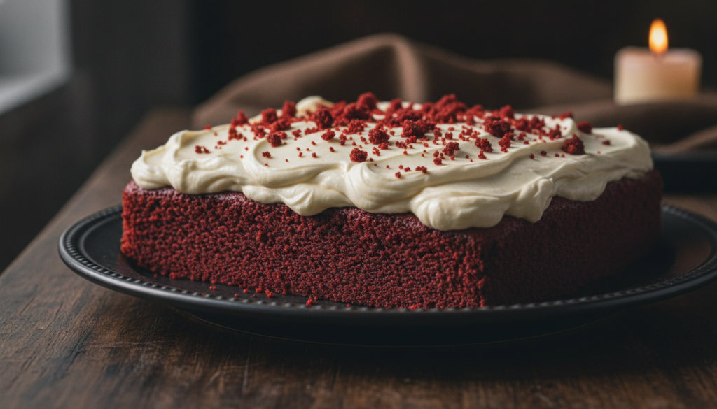 A rich red velvet sheet cake with swirls of creamy white cream cheese frosting and a sprinkle of red velvet crumbs serve