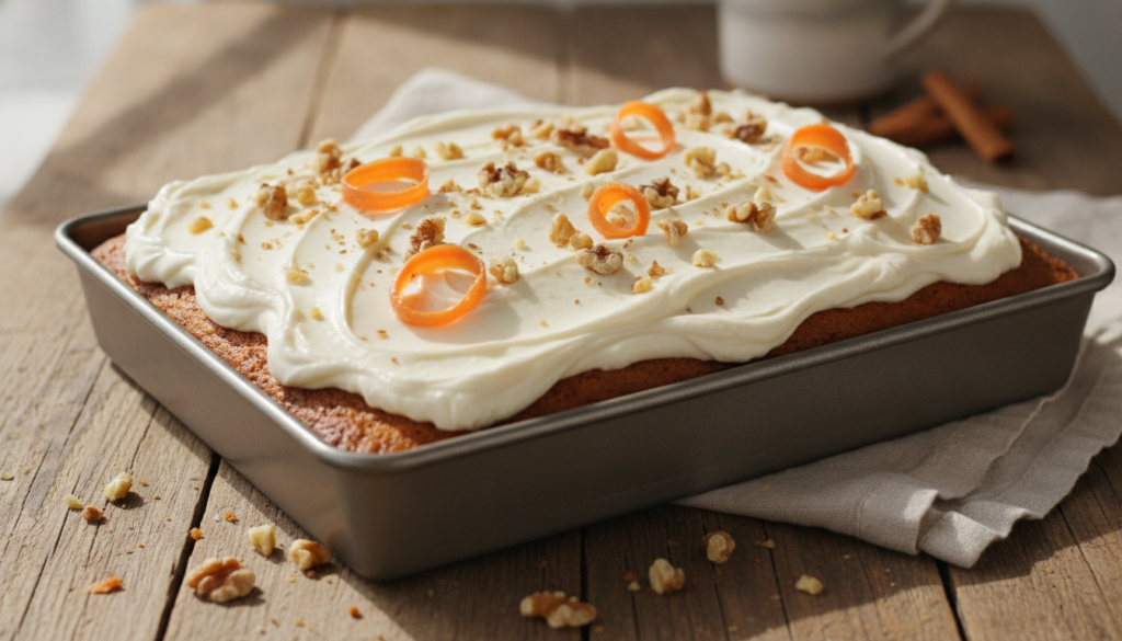 A comforting carrot sheet cake with thick creamy cream cheese frosting topped with chopped walnuts or pecans and delicat