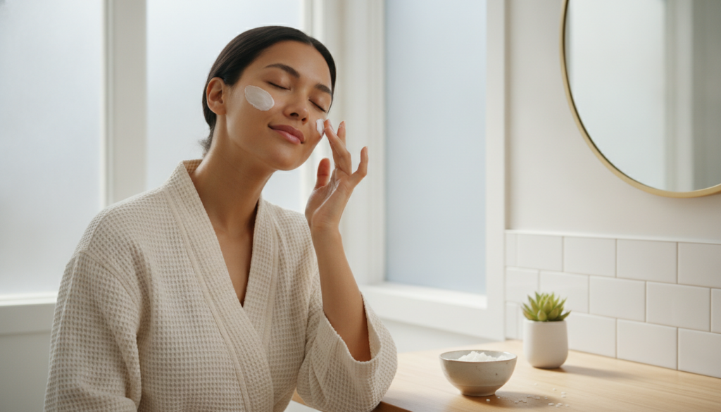 A woman applying the homemade rice cream to her face with a gentle glowing expression in a bright bathroom setting