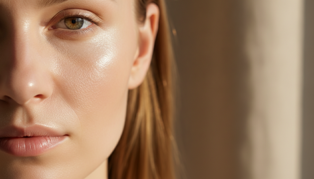 A close-up of smooth radiant skin on a woman s cheek suggesting the results of using the rice cream