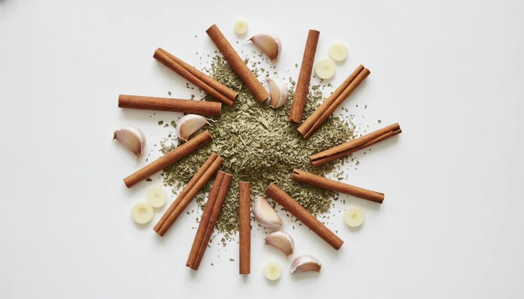 An assortment of cinnamon sticks dried oregano leaves and garlic cloves arranged on a clean light surface showcasing the