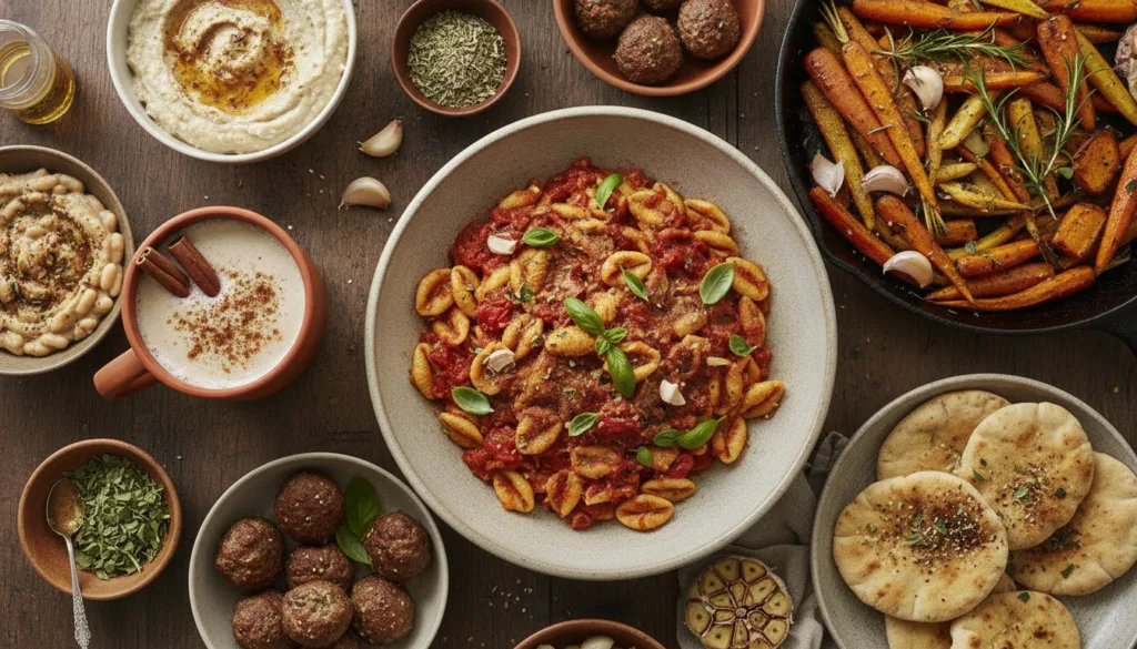 A variety of dishes and drinks incorporating garlic oregano and cinnamon such as a bowl of seasoned pasta a spiced latte