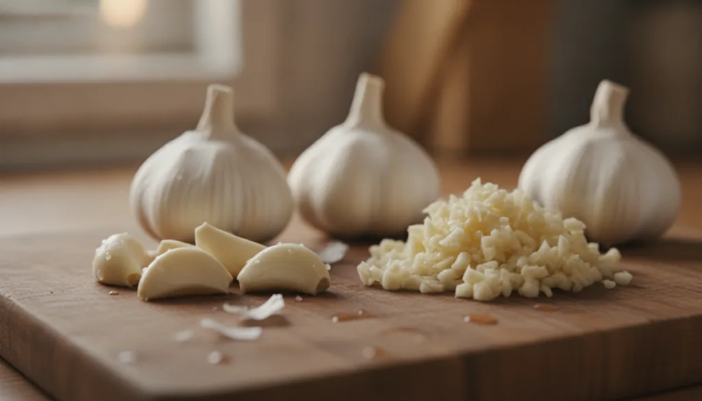 Close-up of fresh garlic cloves and chopped garlic illustrating its form and readiness for use in cooking