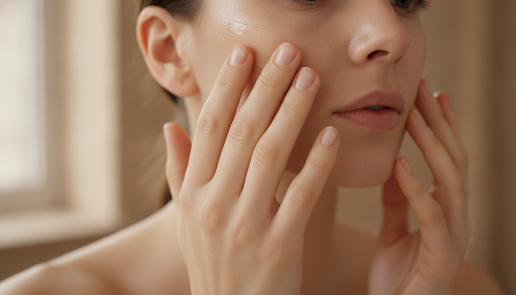 Hands gently massaging a small amount of the Johnson s Baby Oil and Vaseline blend onto clean facial skin highlighting a