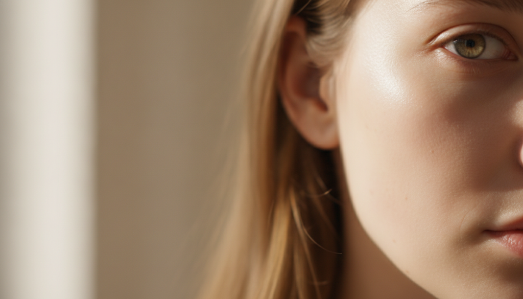 Close-up of radiant smooth and hydrated skin possibly a woman s cheek or décolletage after applying a skincare product s