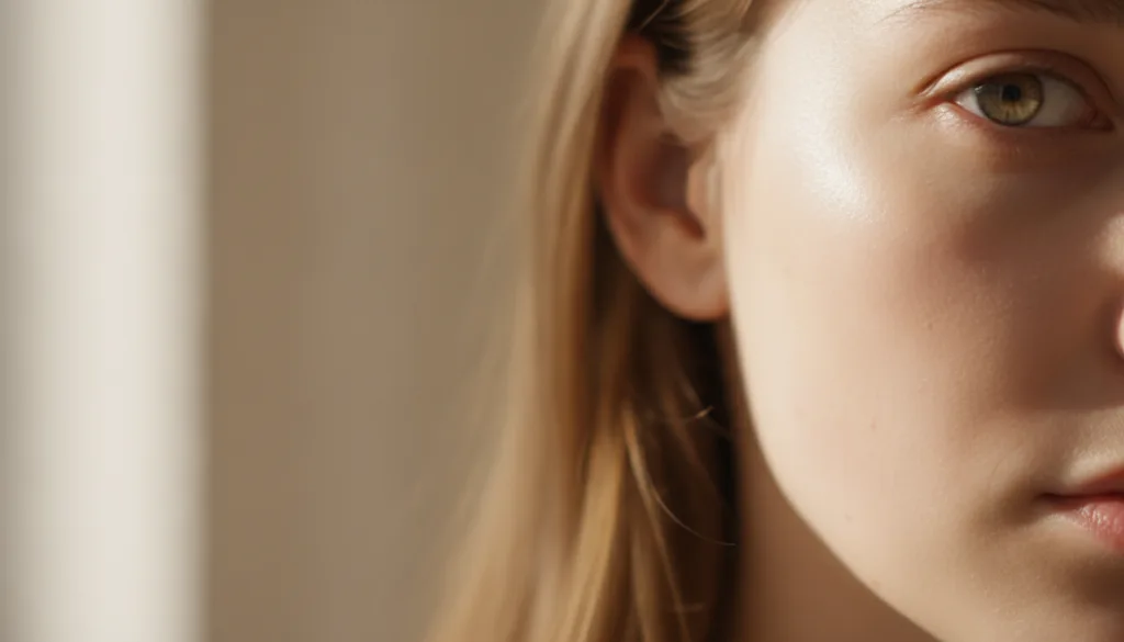 Close-up of radiant smooth and hydrated skin possibly a woman s cheek or décolletage after applying a skincare product s