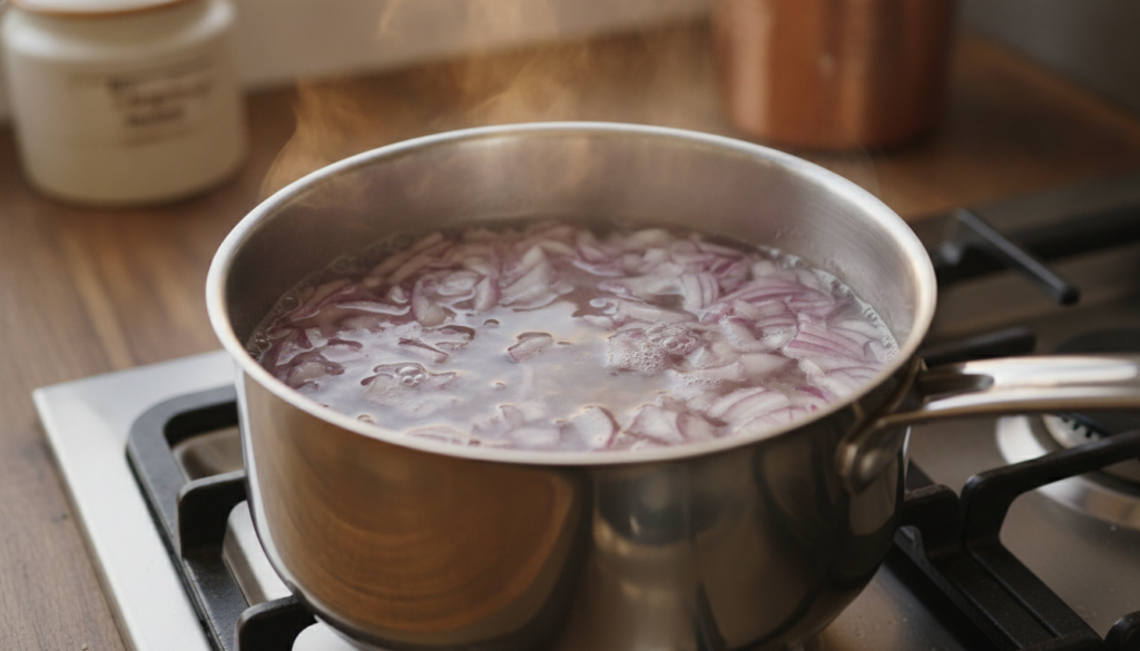 A close-up of chopped red onions simmering in a pot of water on a stove showing the liquid starting to turn purple