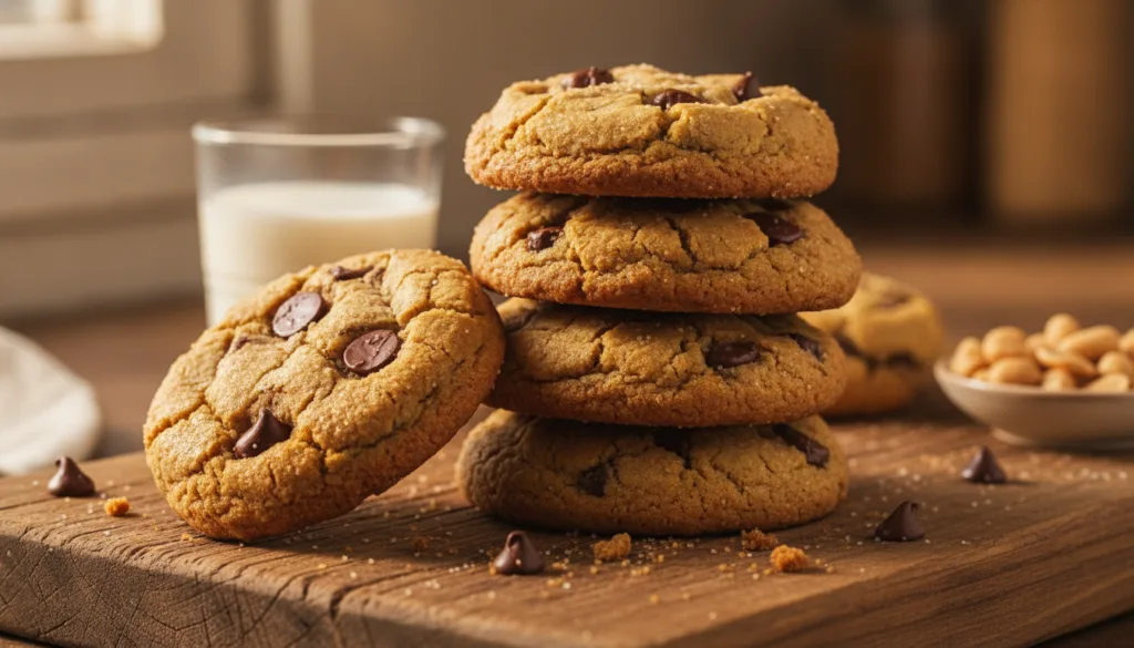 Soft chewy peanut butter cookies with visible chocolate chips slightly cracked tops on a baking sheet
