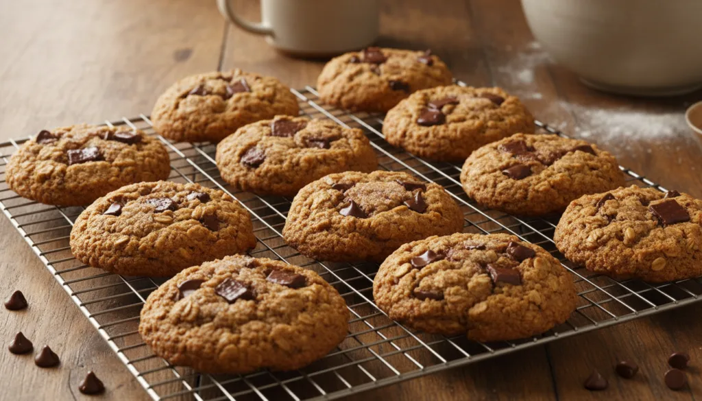 Warm wholesome oatmeal chocolate chip cookies on a wire rack with oats and chocolate clearly visible