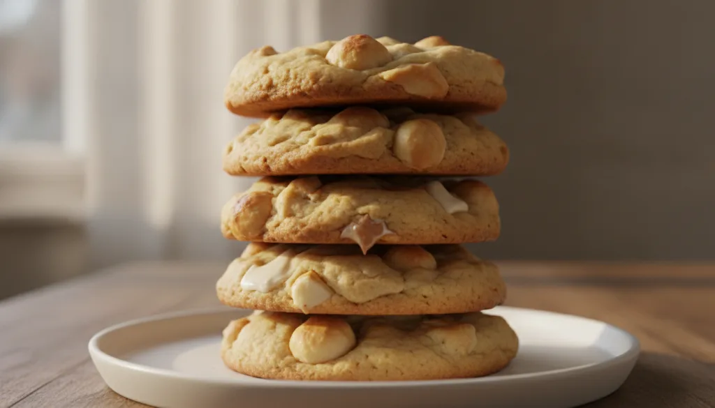 Buttery white chocolate macadamia nut cookies with visible chunks of white chocolate and whole macadamia nuts stacked on