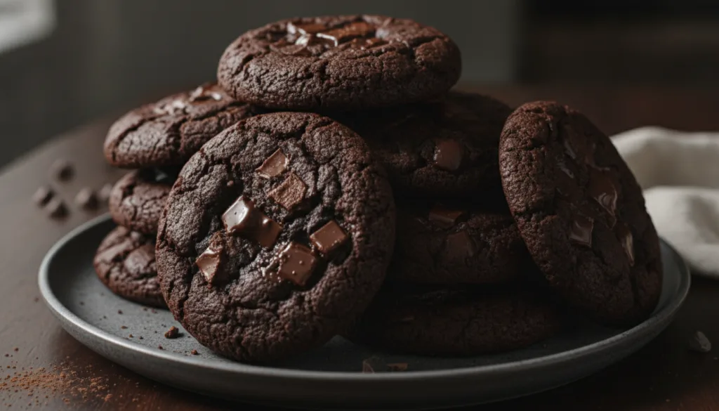 Dark fudgy double chocolate cookies with melted chocolate chips some dusted with a light touch of powdered sugar on a da