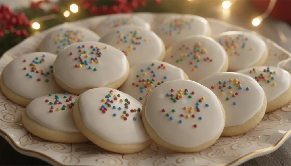 Decorated sugar cookies with a simple white glaze perhaps with colorful sprinkles arranged neatly on a festive platter