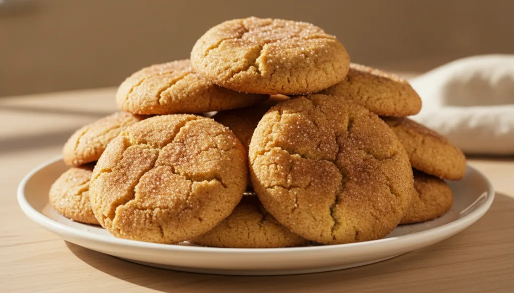 Soft and chewy snickerdoodle cookies coated in cinnamon sugar with a slightly crinkled top on a white plate