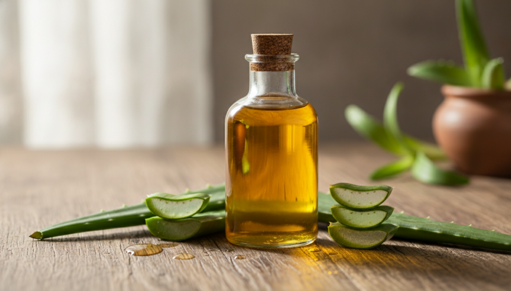A clear glass bottle filled with golden aloe vera infused oil with a few fresh aloe vera leaves and a small ceramic bowl